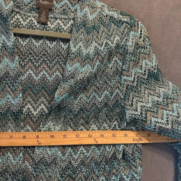 Chicos Travelers Collection Chevron Open Cardigan Blue Size 2 (L) Sheer Zigzag - Picture 5 of 7